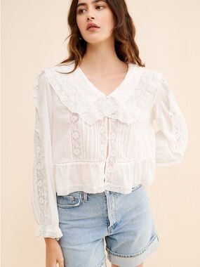 RIXO White Lace-Trim Maribelle Cotton Blouse
